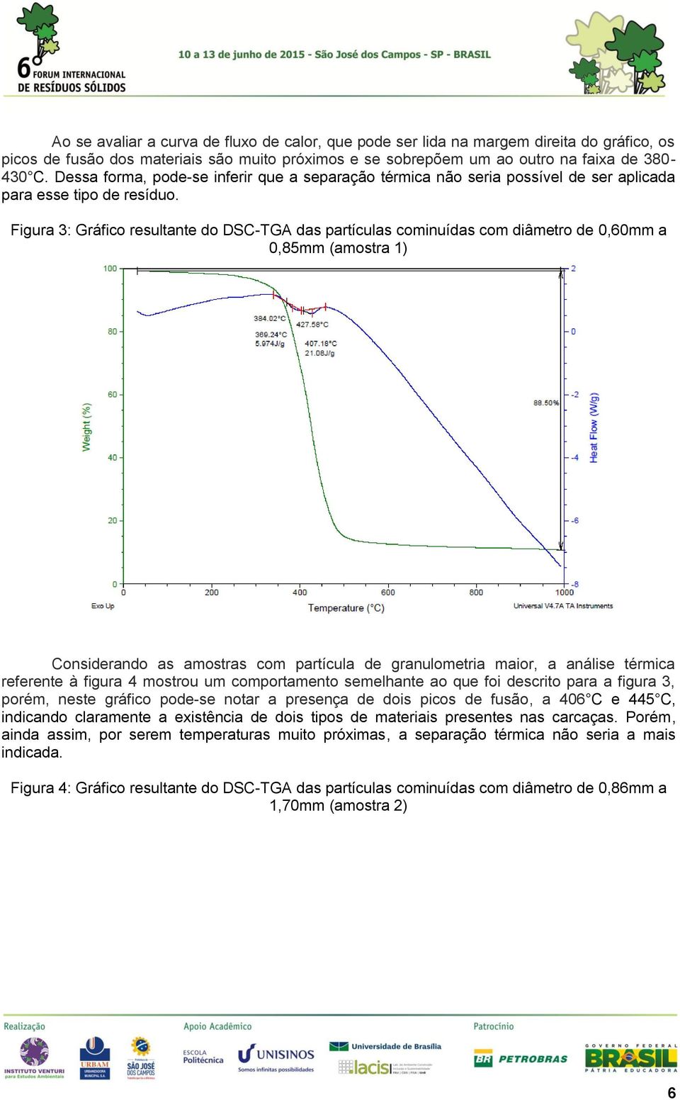 Figura 3: Gráfico resultante do DSC-TGA das partículas cominuídas com diâmetro de 0,60mm a 0,85mm (amostra 1) Considerando as amostras com partícula de granulometria maior, a análise térmica