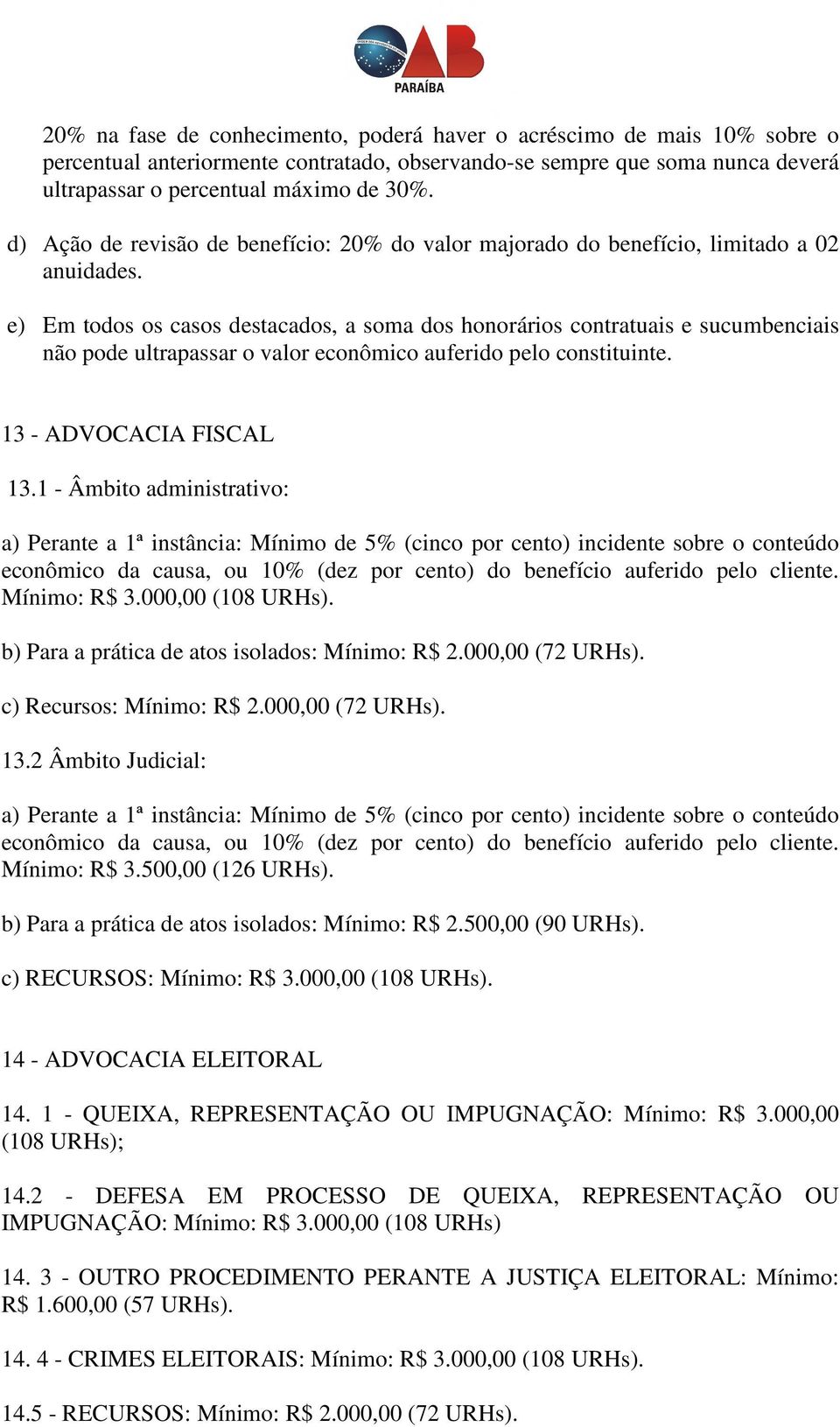 e) Em todos os casos destacados, a soma dos honorários contratuais e sucumbenciais não pode ultrapassar o valor econômico auferido pelo constituinte. 13 - ADVOCACIA FISCAL 13.