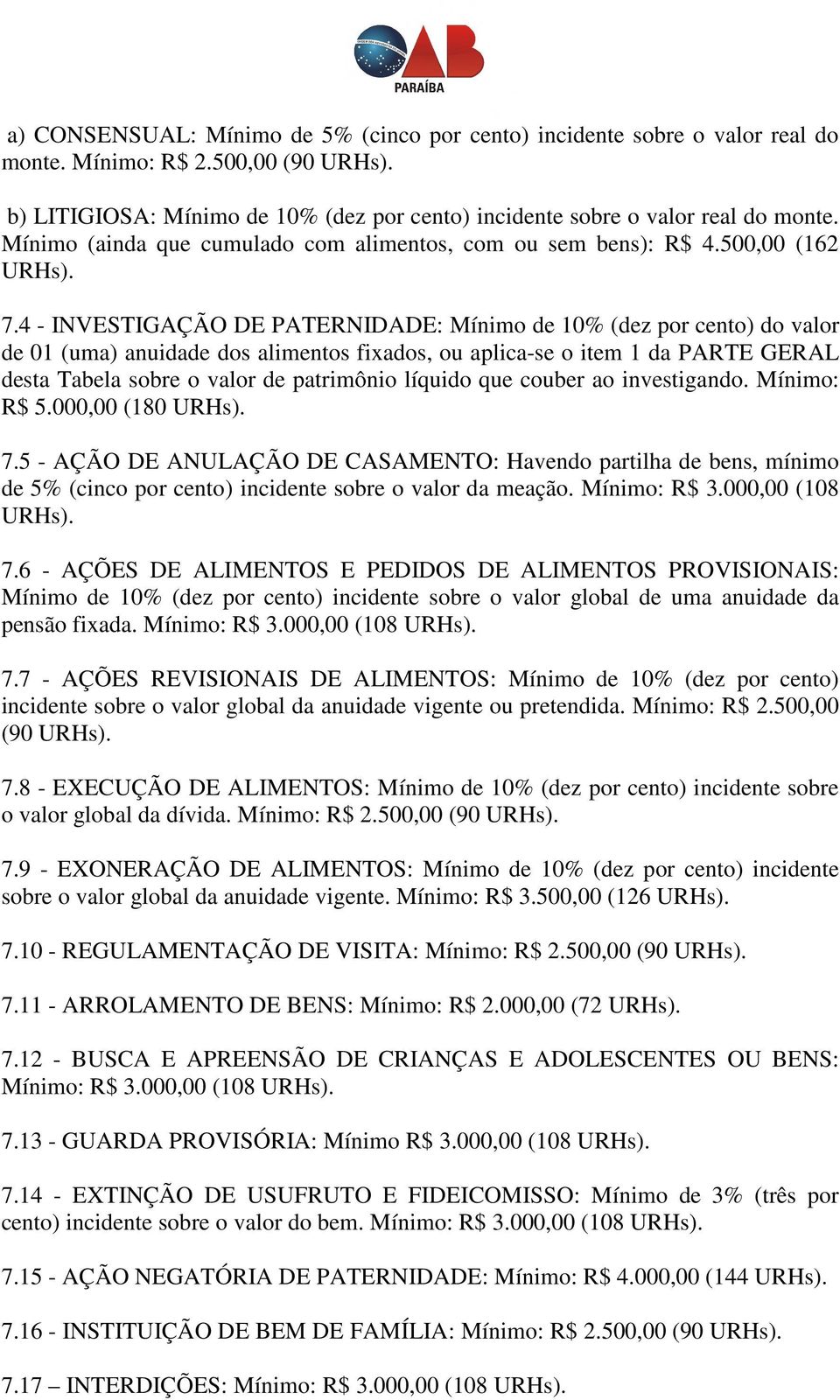 4 - INVESTIGAÇÃO DE PATERNIDADE: Mínimo de 10% (dez por cento) do valor de 01 (uma) anuidade dos alimentos fixados, ou aplica-se o item 1 da PARTE GERAL desta Tabela sobre o valor de patrimônio