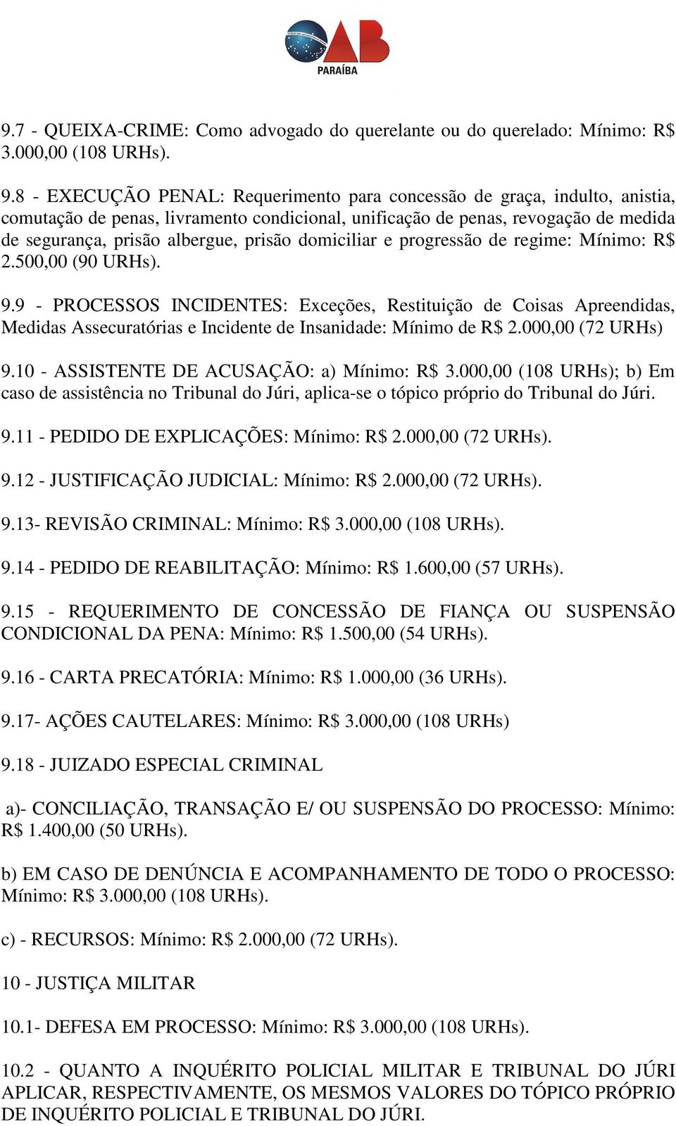 domiciliar e progressão de regime: Mínimo: R$ 2.500,00 (90 9.9 - PROCESSOS INCIDENTES: Exceções, Restituição de Coisas Apreendidas, Medidas Assecuratórias e Incidente de Insanidade: Mínimo de R$ 2.