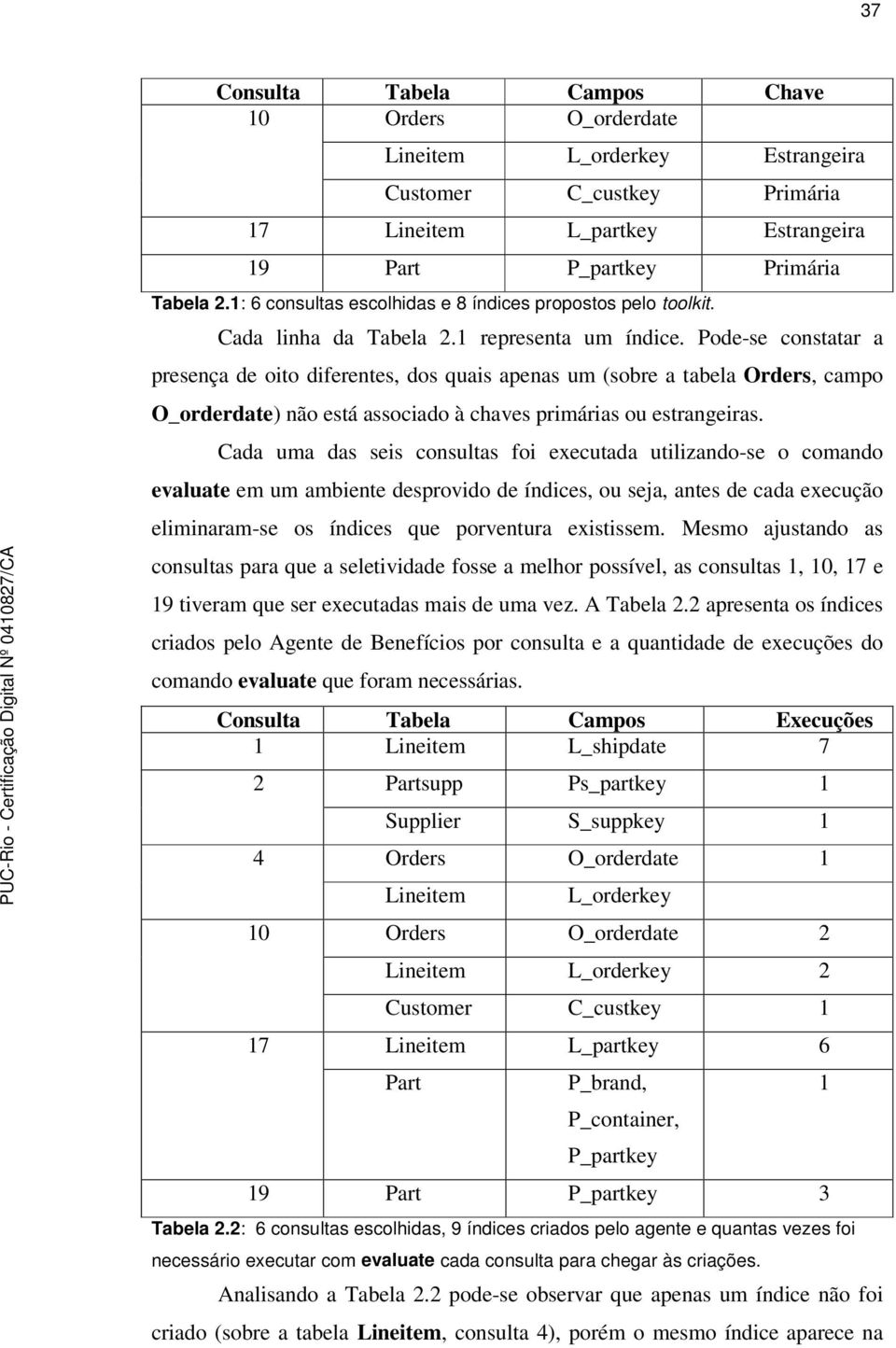 Pode-se constatar a presença de oito diferentes, dos quais apenas um (sobre a tabela Orders, campo O_orderdate) não está associado à chaves primárias ou estrangeiras.