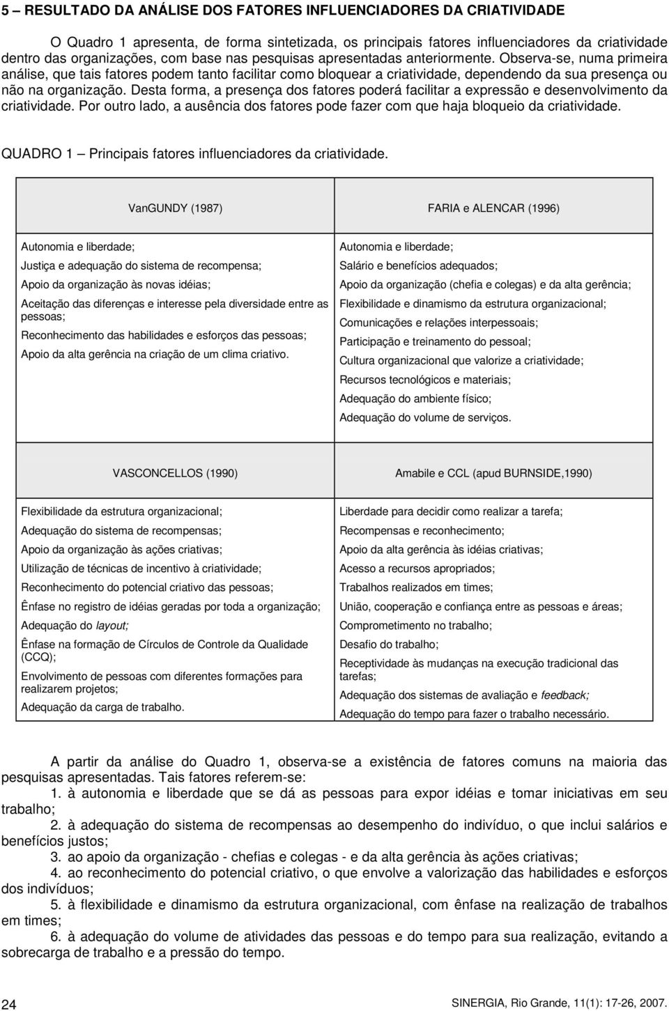 Desta forma, a presença dos fatores poderá facilitar a expressão e desenvolvimento da criatividade. Por outro lado, a ausência dos fatores pode fazer com que haja bloqueio da criatividade.