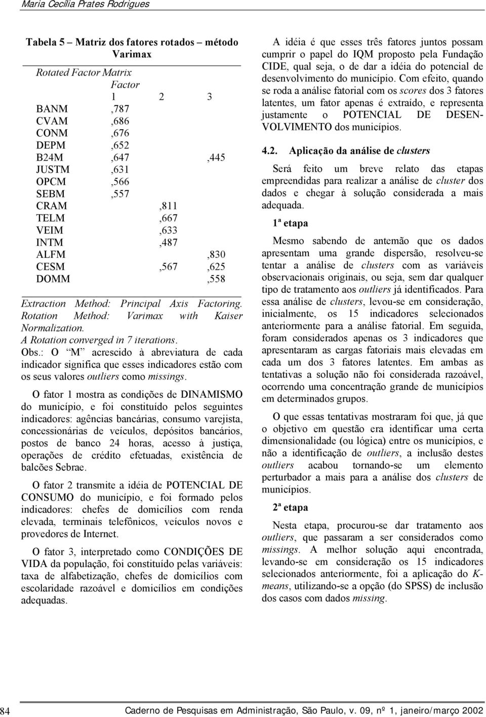 A Rotation converged in 7 iterations. Obs.: O M acrescido à abreviatura de cada indicador significa que esses indicadores estão com os seus valores outliers como missings.