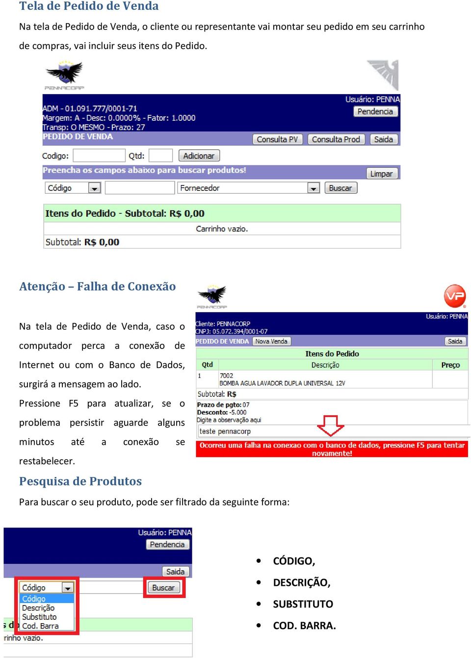 Atenção Falha de Conexão Na tela de Pedido de Venda, caso o computador perca a conexão de Internet ou com o Banco de Dados, surgirá a