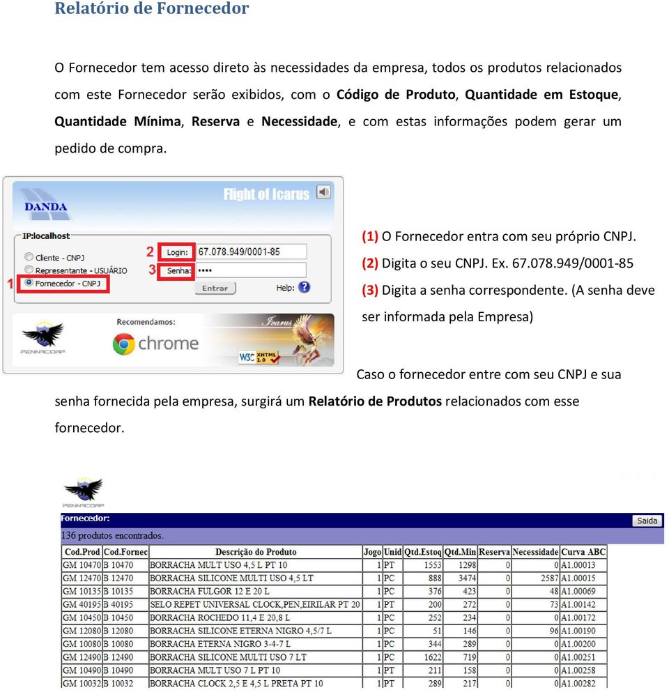 (1) O Fornecedor entra com seu próprio CNPJ. (2) Digita o seu CNPJ. Ex. 67.078.949/0001-85 (3) Digita a senha correspondente.