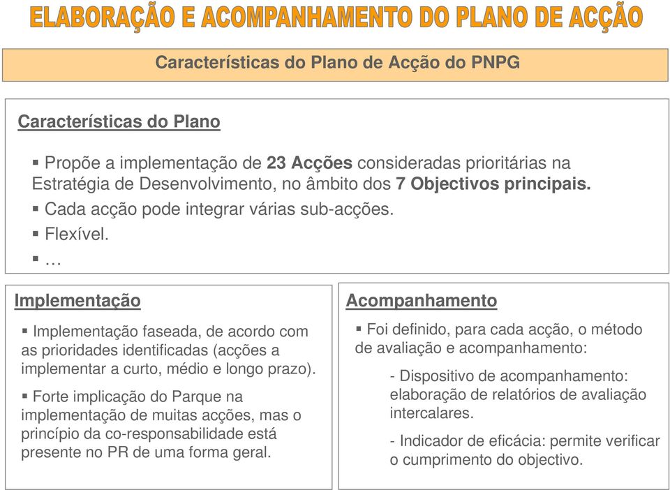 Implementação Implementação faseada, de acordo com as prioridades identificadas (acções a implementar a curto, médio e longo prazo).