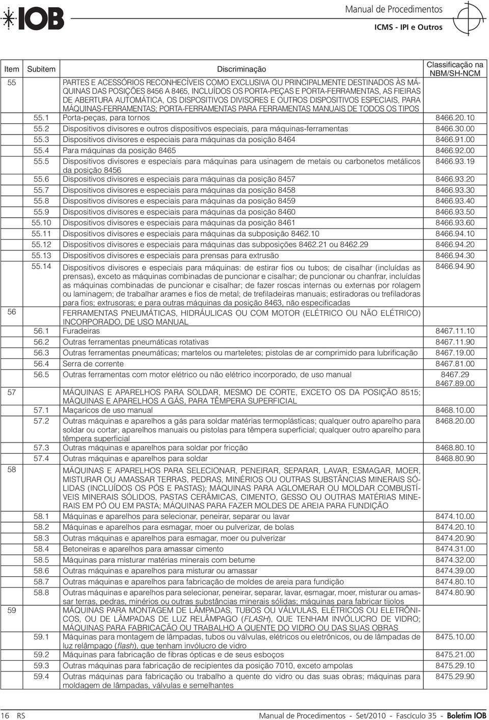 TODOS OS TIPOS 55.1 Porta-peças, para tornos 8466.20.10 55.2 Dispositivos divisores e outros dispositivos especiais, para máquinas-ferramentas 8466.30.00 55.