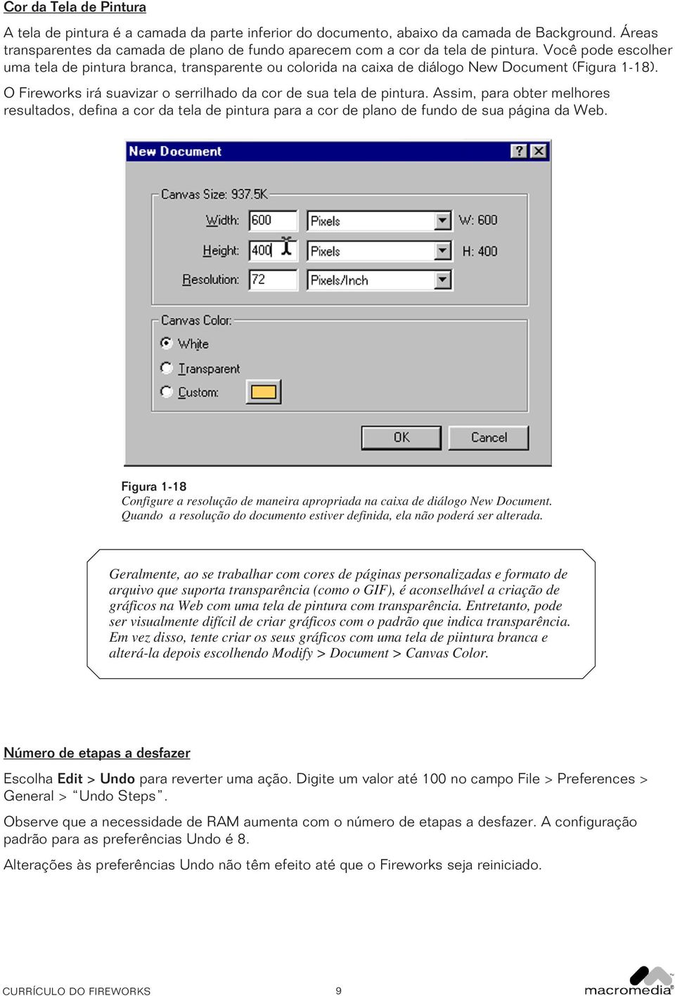 Você pode escolher uma tela de pintura branca, transparente ou colorida na caixa de diálogo New Document (Figura 1-18). O Fireworks irá suavizar o serrilhado da cor de sua tela de pintura.