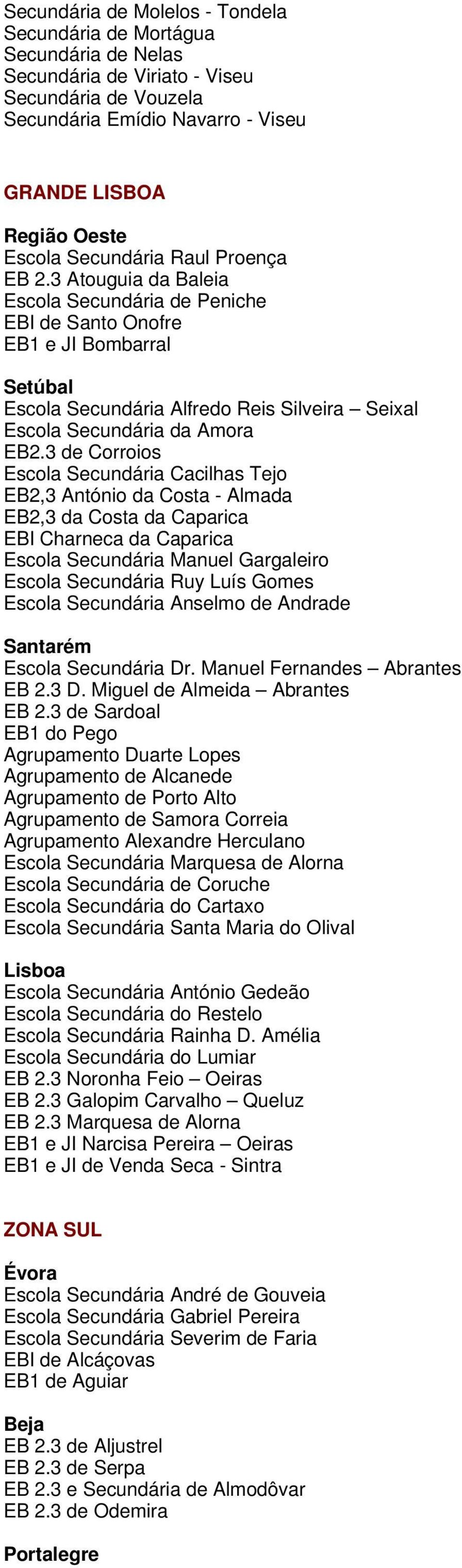 3 Atouguia da Baleia Escola Secundária de Peniche EBI de Santo Onofre EB1 e JI Bombarral Setúbal Escola Secundária Alfredo Reis Silveira Seixal Escola Secundária da Amora EB2.