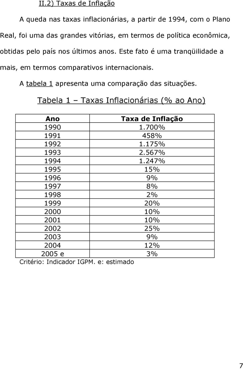 A tabela 1 apresenta uma comparação das situações. Tabela 1 Taxas Inflacionárias (% ao Ano) Ano Taxa de Inflação 1990 1.700% 1991 458% 1992 1.
