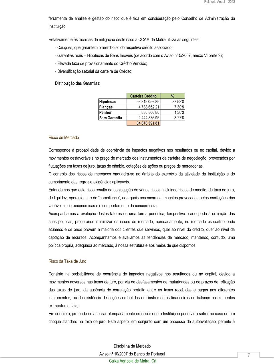 Imóveis (de acordo com o Aviso nº 5/2007, anexo VI parte 2); - Elevada taxa de provisionamento do Crédito Vencido; - Diversificação setorial da carteira de Crédito; Distribuição das Garantias: