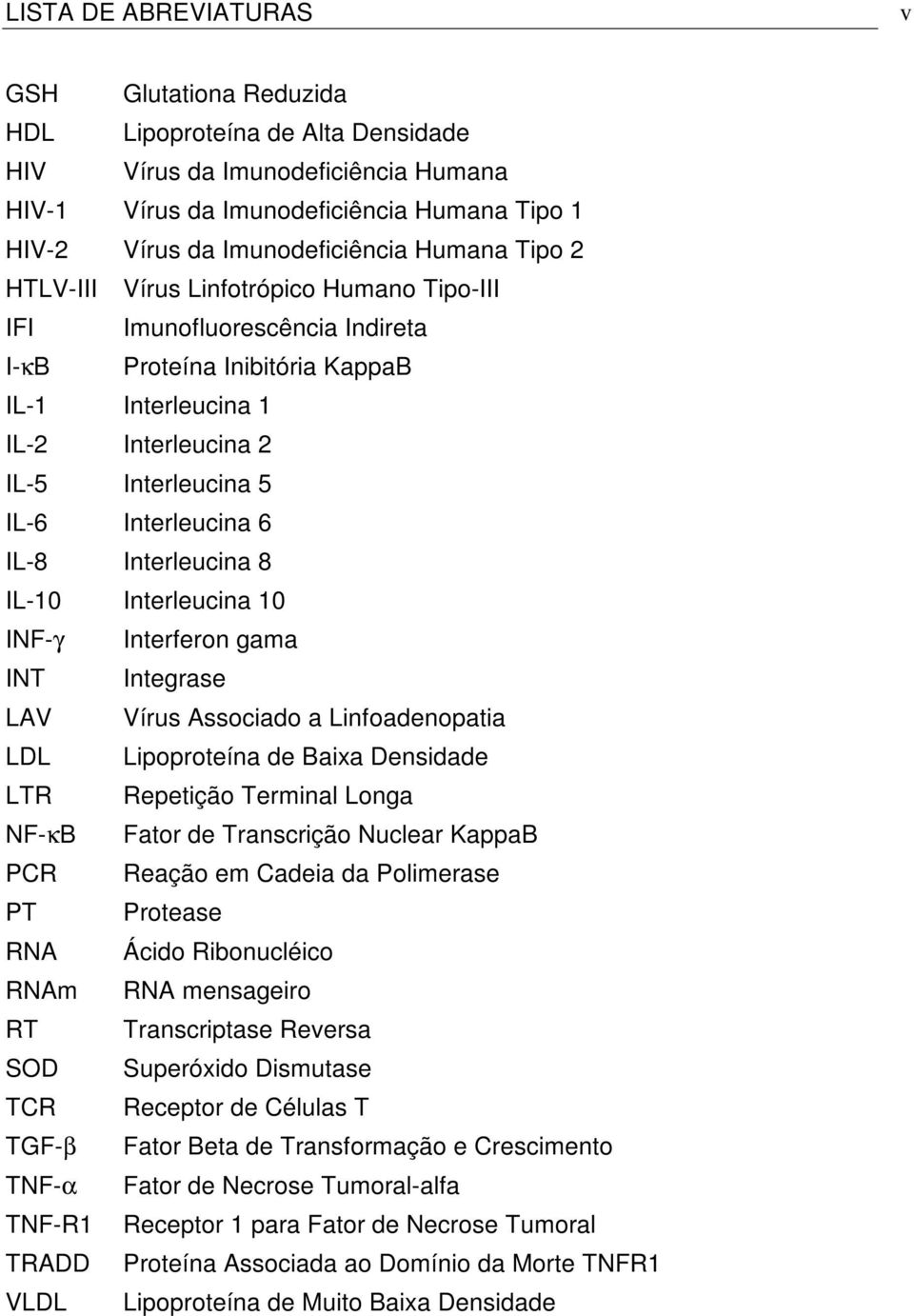 6 IL-8 Interleucina 8 IL-10 Interleucina 10 INF-γ Interferon gama INT Integrase LAV Vírus Associado a Linfoadenopatia LDL Lipoproteína de Baixa Densidade LTR Repetição Terminal Longa NF-κB Fator de