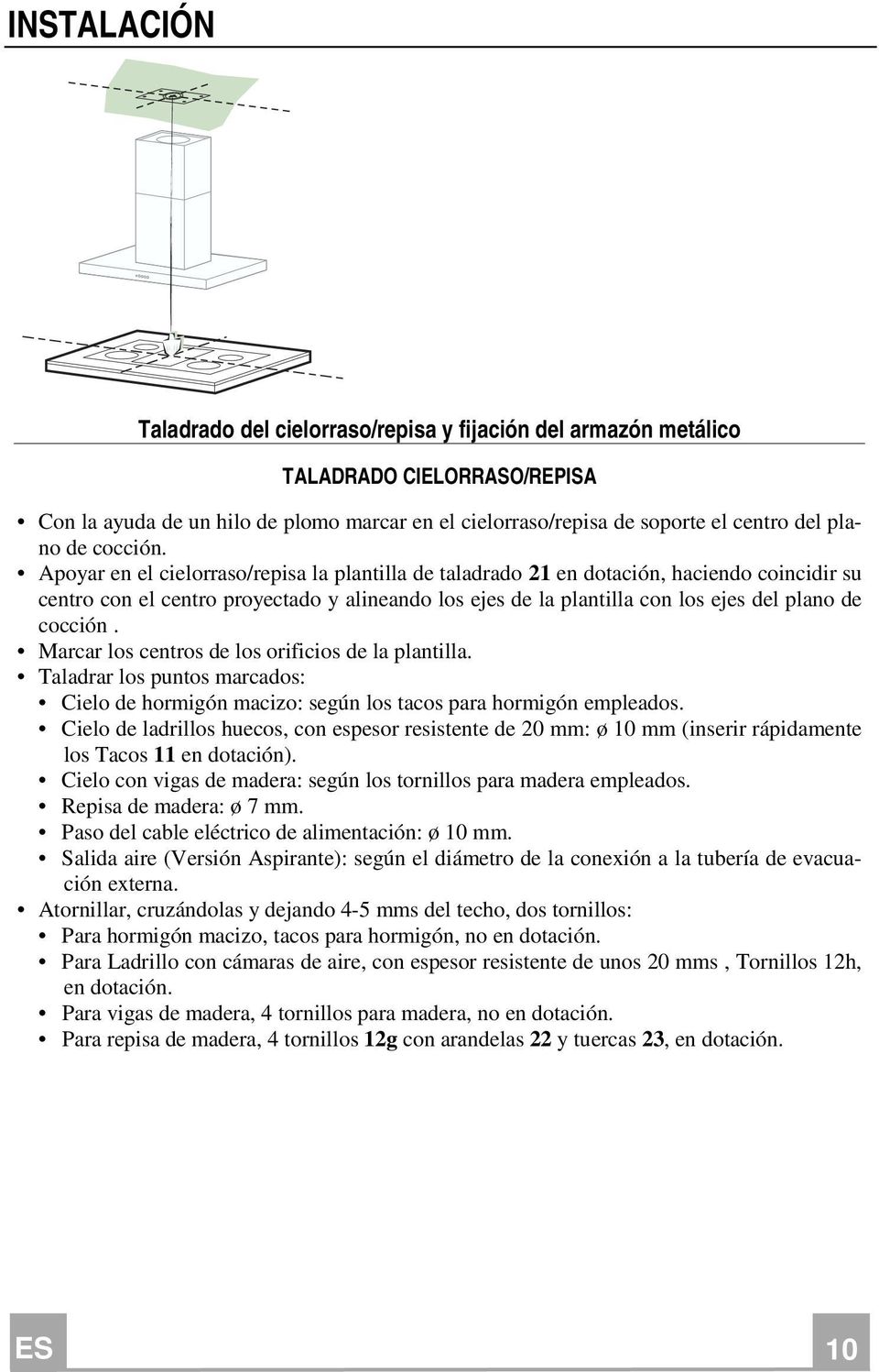 Apoyar en el cielorraso/repisa la plantilla de taladrado 21 en dotación, haciendo coincidir su centro con el centro proyectado y alineando los ejes de la plantilla con los ejes del plano  Marcar los