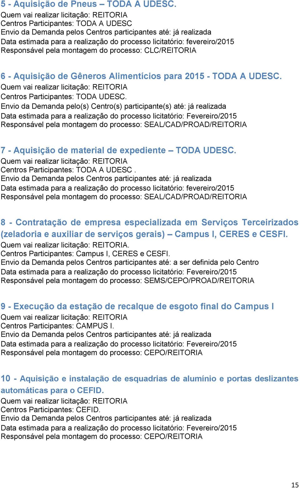 processo: CLC/REITORIA 6 - Aquisição de Gêneros Alimentícios para 2015 - TODA A UDESC. Centros Participantes: TODA UDESC.