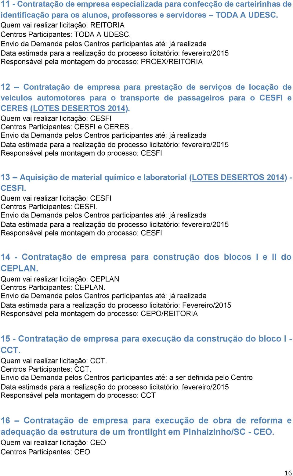 Contratação de empresa para prestação de serviços de locação de veículos automotores para o transporte de passageiros para o CESFI e CERES (LOTES DESERTOS 2014).