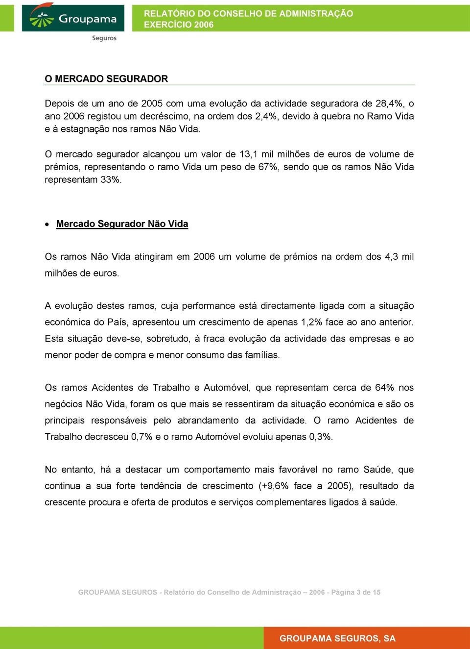 Mercado Segurador Não Vida Os ramos Não Vida atingiram em 2006 um volume de prémios na ordem dos 4,3 mil milhões de euros.
