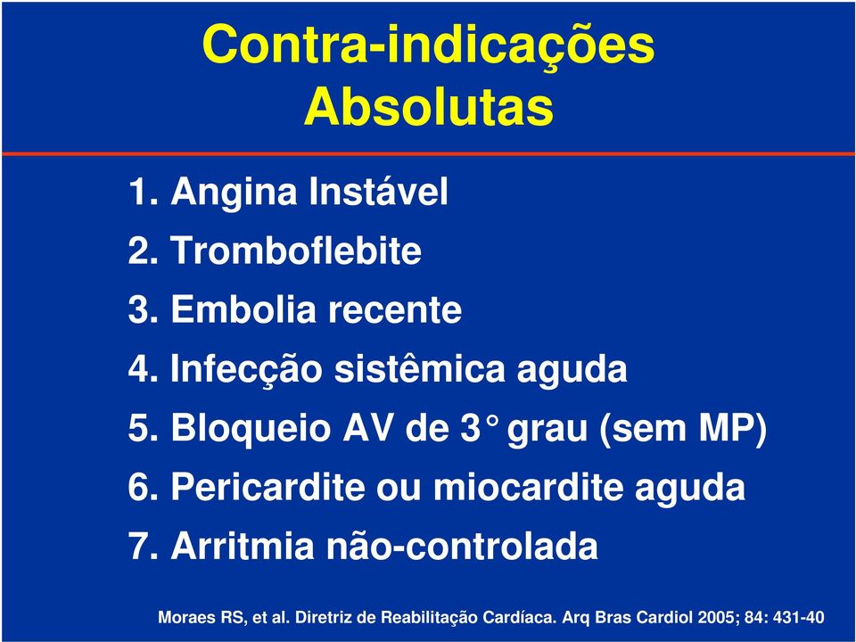 Bloqueio AV de 3 grau (sem MP) 6. Pericardite ou miocardite aguda 7.