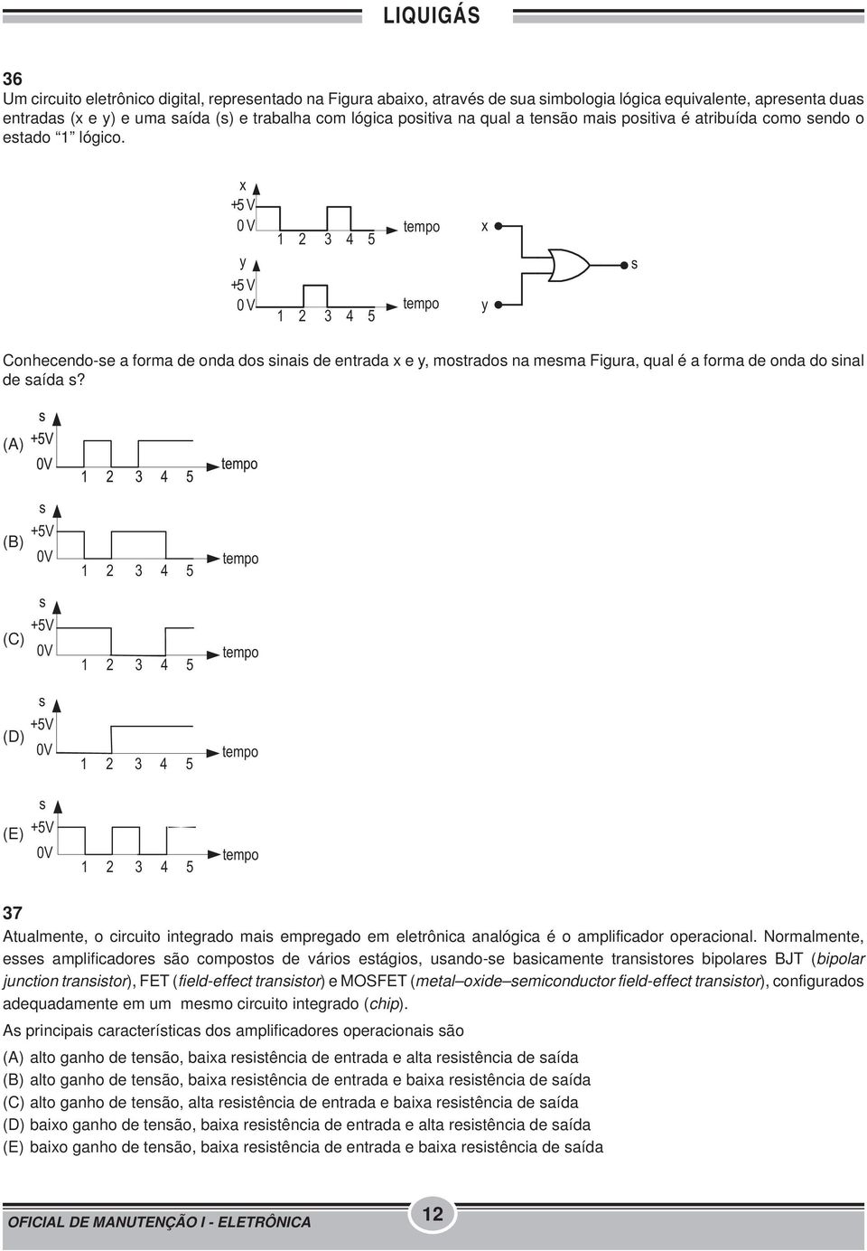 x +5 V 0V y +5 V 0V 1 2 3 4 5 1 2 3 4 5 tempo tempo x y s Conhecendo-se a forma de onda dos sinais de entrada x e y, mostrados na mesma Figura, qual é a forma de onda do sinal de saída s?