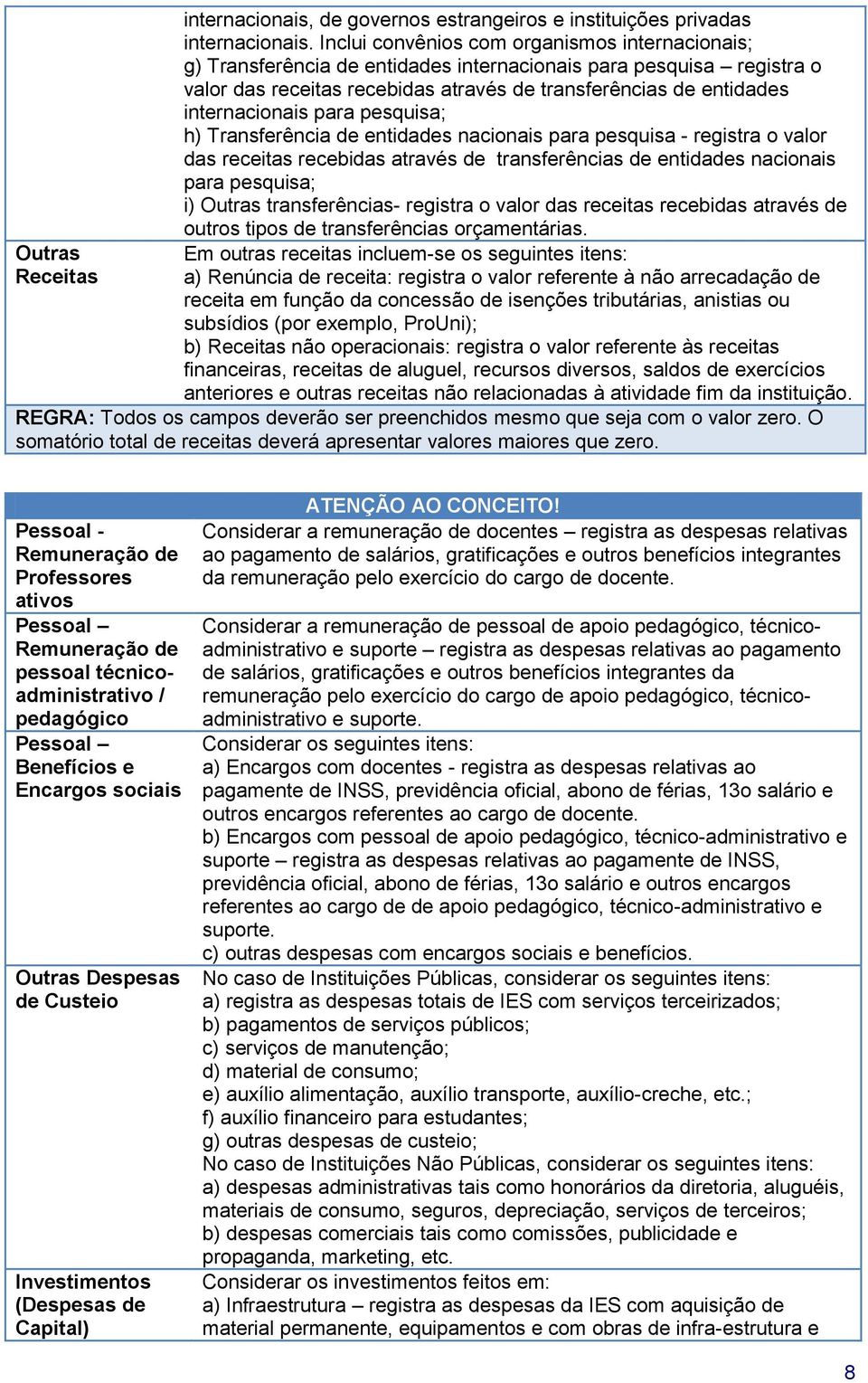 internacionais para pesquisa; h) Transferência de entidades nacionais para pesquisa - registra o valor das receitas recebidas através de transferências de entidades nacionais para pesquisa; i) Outras