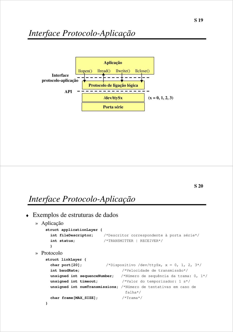 linklayer { char port[20]; /*Dispositivo /v/ttysx, x = 0, 1, 2, 3*/ int baudrate; /*Velocida transmissão*/ unsigned int sequencenumber; /*Número sequência