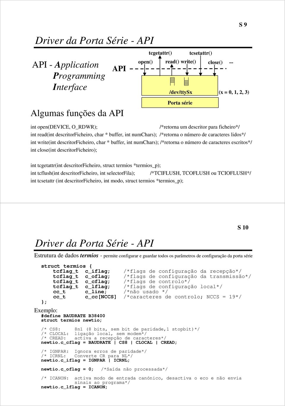 número caracteres lidos*/ int write(int scritorficheiro, char * buffer, int numchars); /*retorna o número caracteres escritos*/ int close(int scritorficheiro); int tcgetattr(int scritorficheiro,