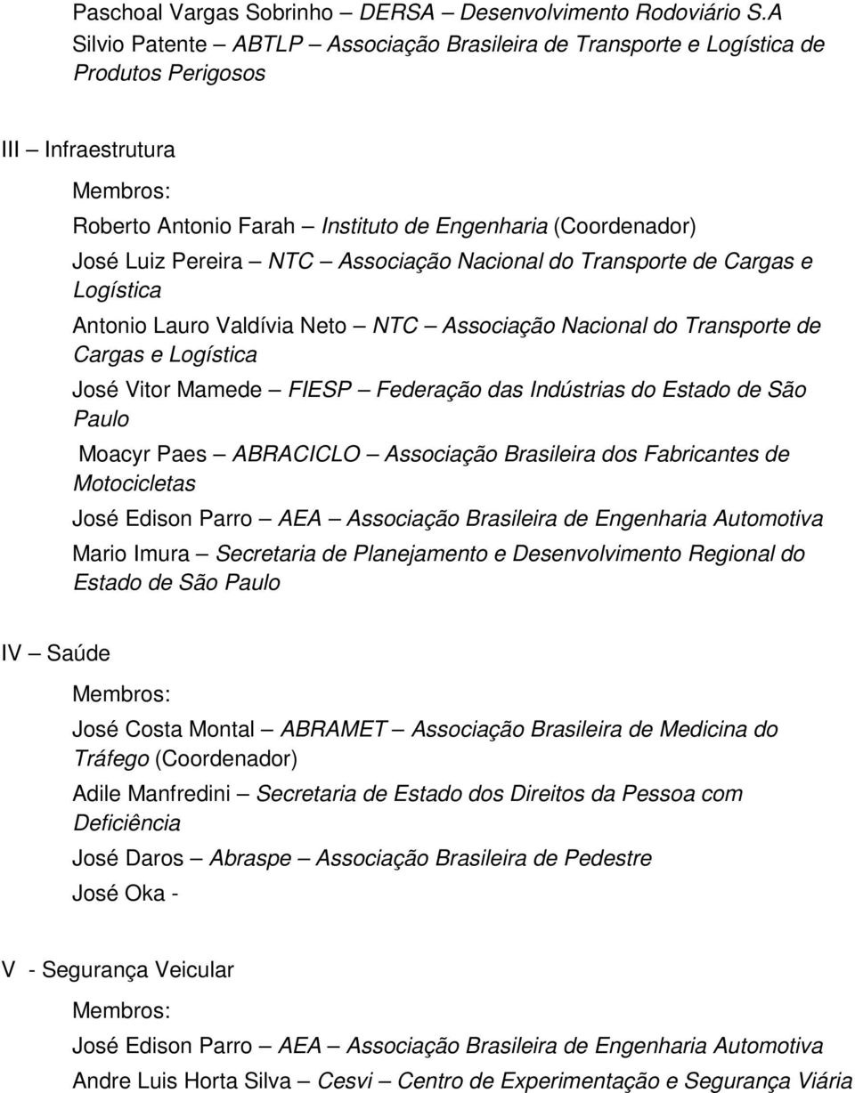 NTC Associação Nacional do Transporte de Cargas e Logística Antonio Lauro Valdívia Neto NTC Associação Nacional do Transporte de Cargas e Logística José Vitor Mamede FIESP Federação das Indústrias do