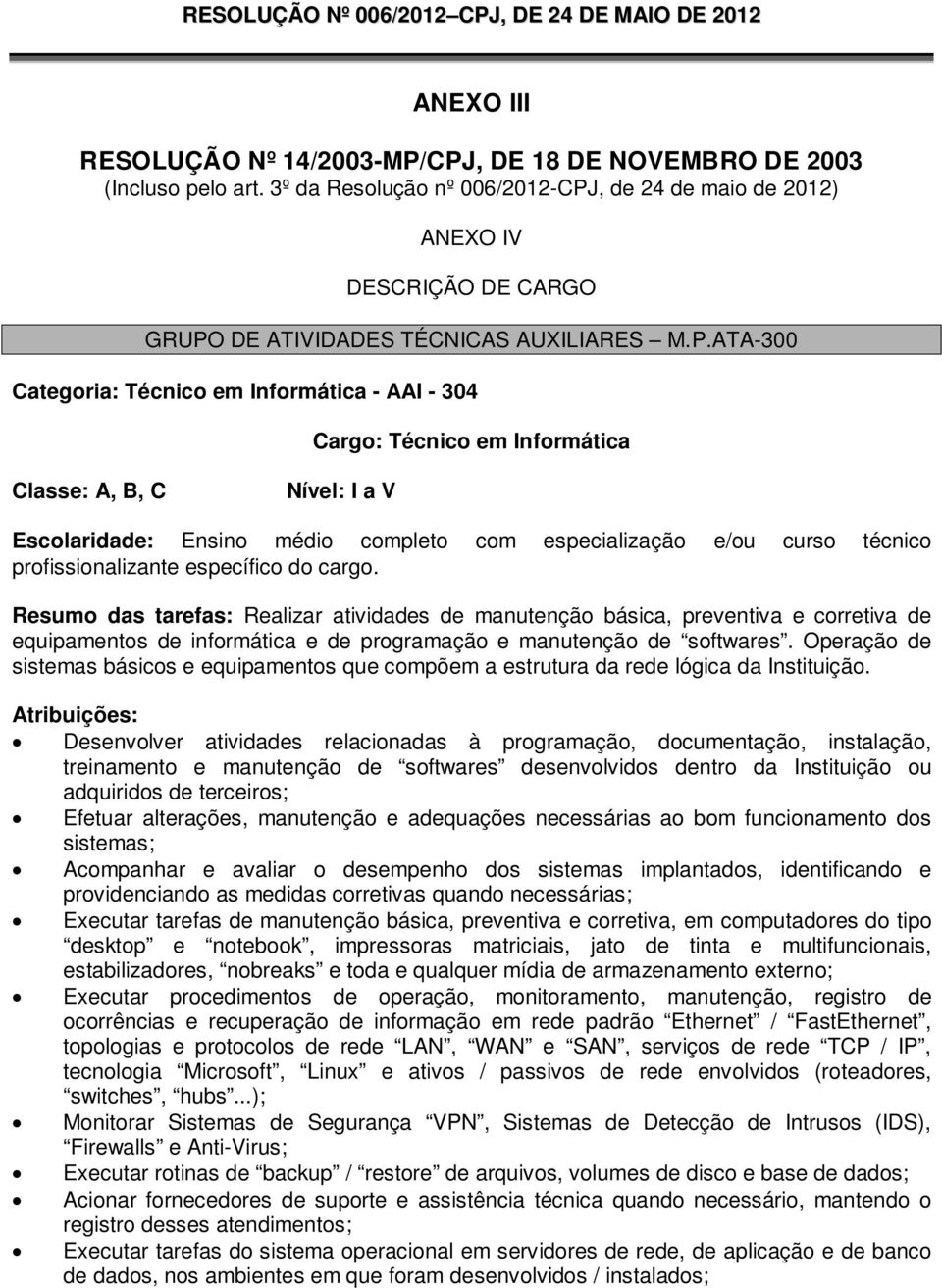 , de 24 de maio de 2012) ANEXO IV DESCRIÇÃO DE CARGO GRUPO