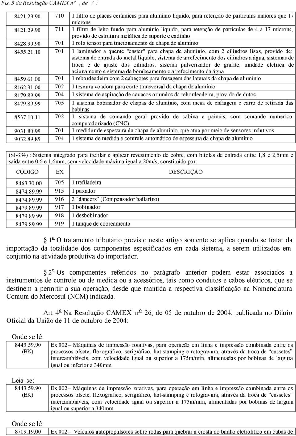 90 711 1 filtro de leito fundo para alumínio líquido, para retenção de partículas de 4 a 17 mícrons, provido de estrutura metálica de suporte e cadinho 8428.90.90 701 1 rolo tensor para tracionamento da chapa de alumínio 8455.