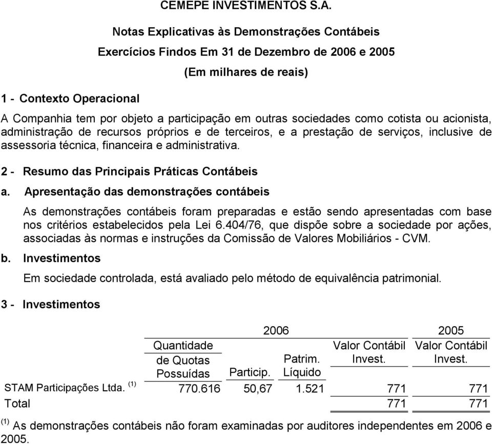 acionista, administração de recursos próprios e de terceiros, e a prestação de serviços, inclusive de assessoria técnica, financeira e administrativa. 2 - Resumo das Principais Práticas Contábeis a.