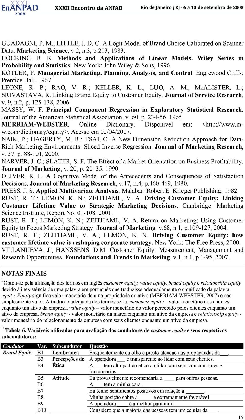 R.; KELLER, K. L.; LUO, A. M.; McALISTER, L.; SRIVASTAVA, R. Linking Brand Equity to Customer Equity. Journal of Service Research, v. 9, n.2, p. 125-138, 2006. MASSY, W. F.