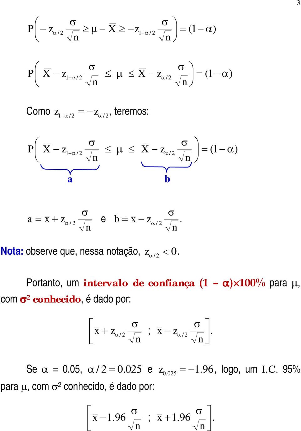 / Portato, um itervalo de cofiaça )00% para, com cohecido, é dado por: x z /