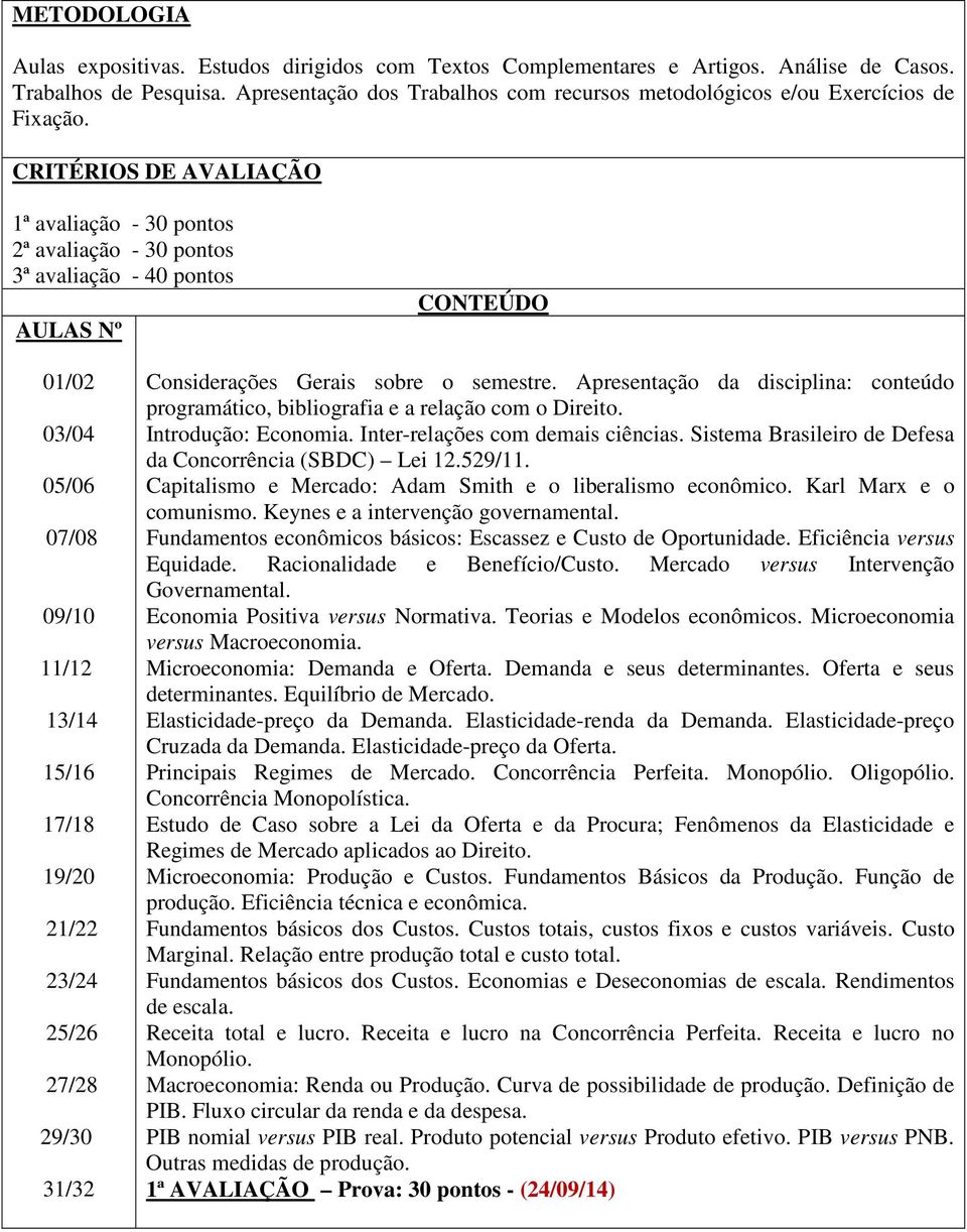 CRITÉRIOS DE AVALIAÇÃO 1ª avaliação - 30 pontos 2ª avaliação - 30 pontos 3ª avaliação - 40 pontos AULAS Nº CONTEÚDO 01/02 03/04 05/06 07/08 09/10 11/12 13/14 15/16 17/18 19/20 21/22 23/24 25/26 27/28