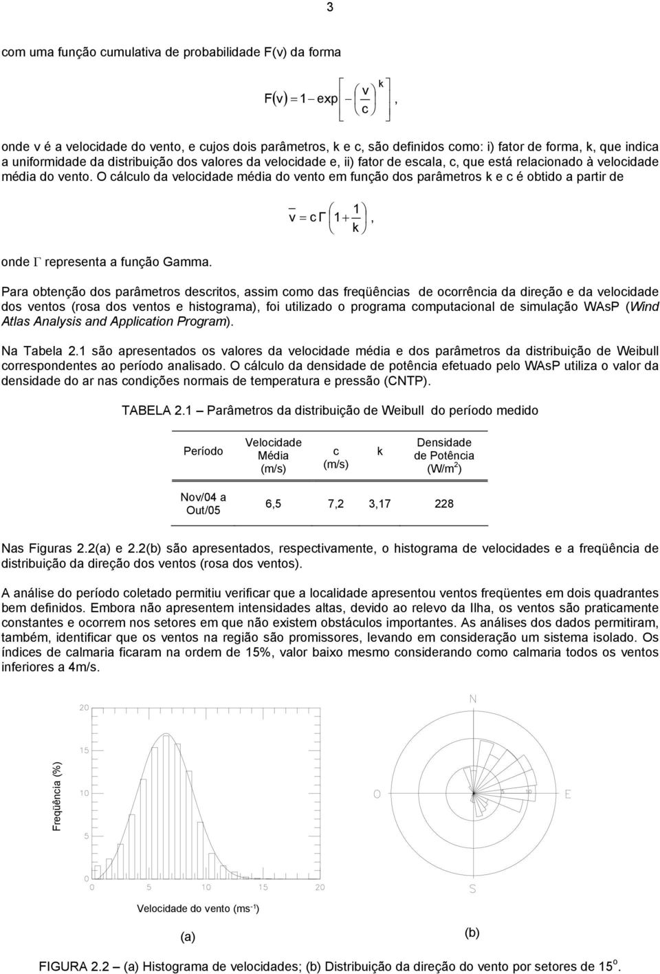O cálculo da velocidade média do vento em função dos parâmetros k e c é obtido a partir de onde Γ representa a função Gamma.