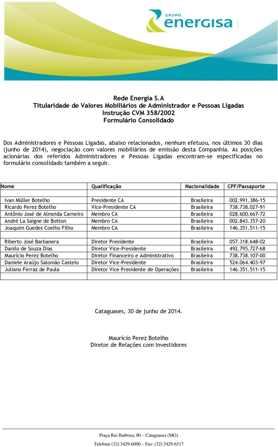 Nome Qualificação Nacionalidade CPF/Passaporte Ivan Müller Botelho Presidente CA Brasileira 002.991.386-15 Ricardo Perez Botelho Vice-Presidente CA Brasileira 738.