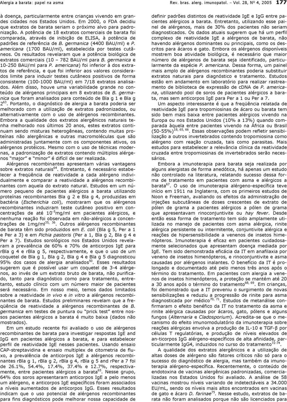 A potência de 18 extratos comerciais de barata foi comparada, através de inibição de ELISA, à potência de padrões de referência de B. germanica (4400 BAU/ml) e P.