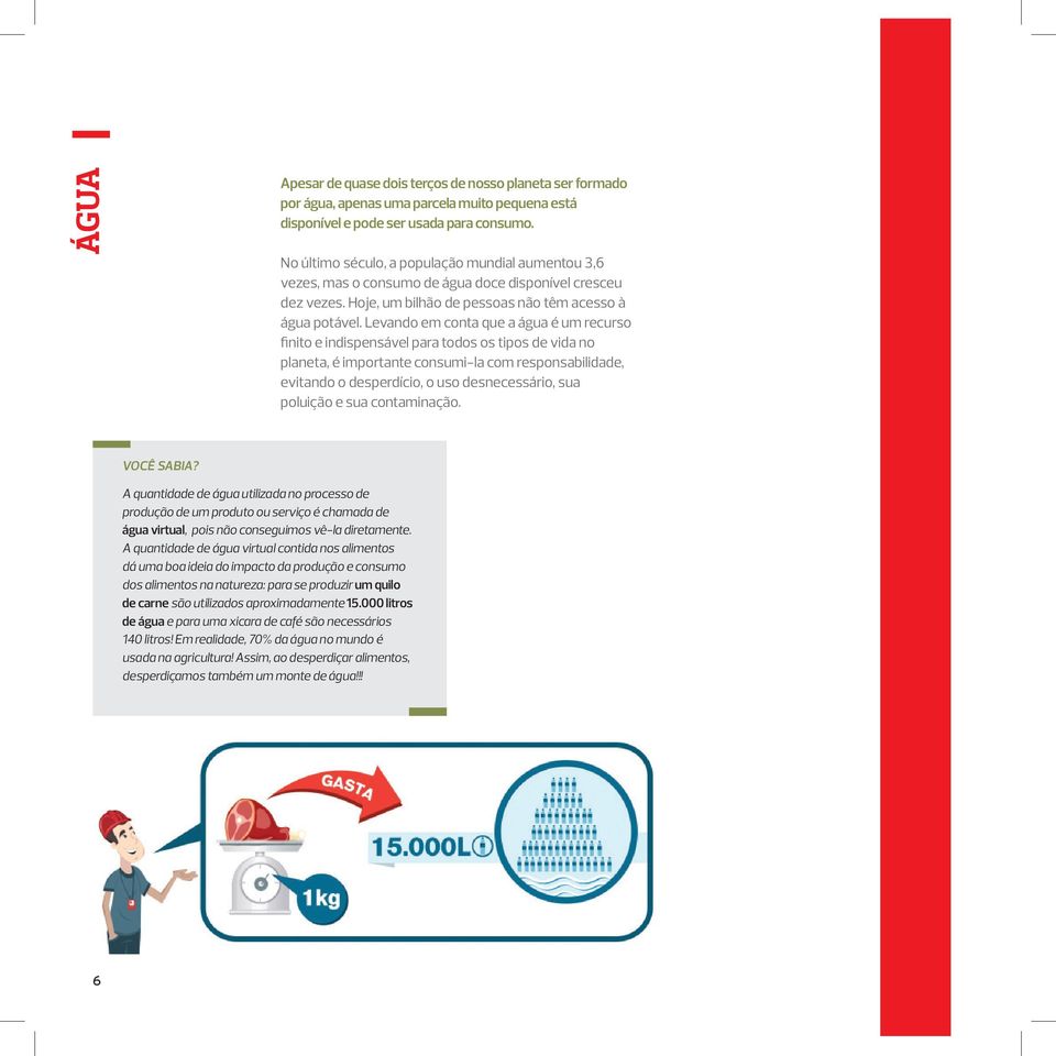 Levando em conta que a água é um recurso finito e indispensável para todos os tipos de vida no planeta, é importante consumi-la com responsabilidade, evitando o desperdício, o uso desnecessário, sua