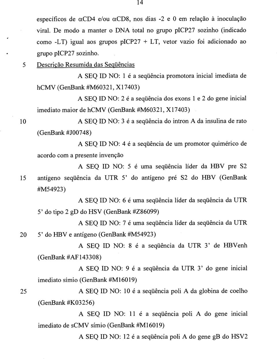 5 Descrição Resumida das Seqüências A SEQ ID NO: 1 é a seqüência promotora inicial imediata de hcmv (GenBank #M60321, X17403) A SEQ ID NO: 2 é a seqüência dos exons 1 e 2 do gene inicial imediato