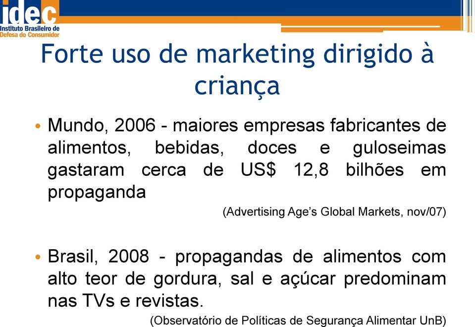 (Advertising Age s Global Markets, nov/07) Brasil, 2008 - propagandas de alimentos com alto