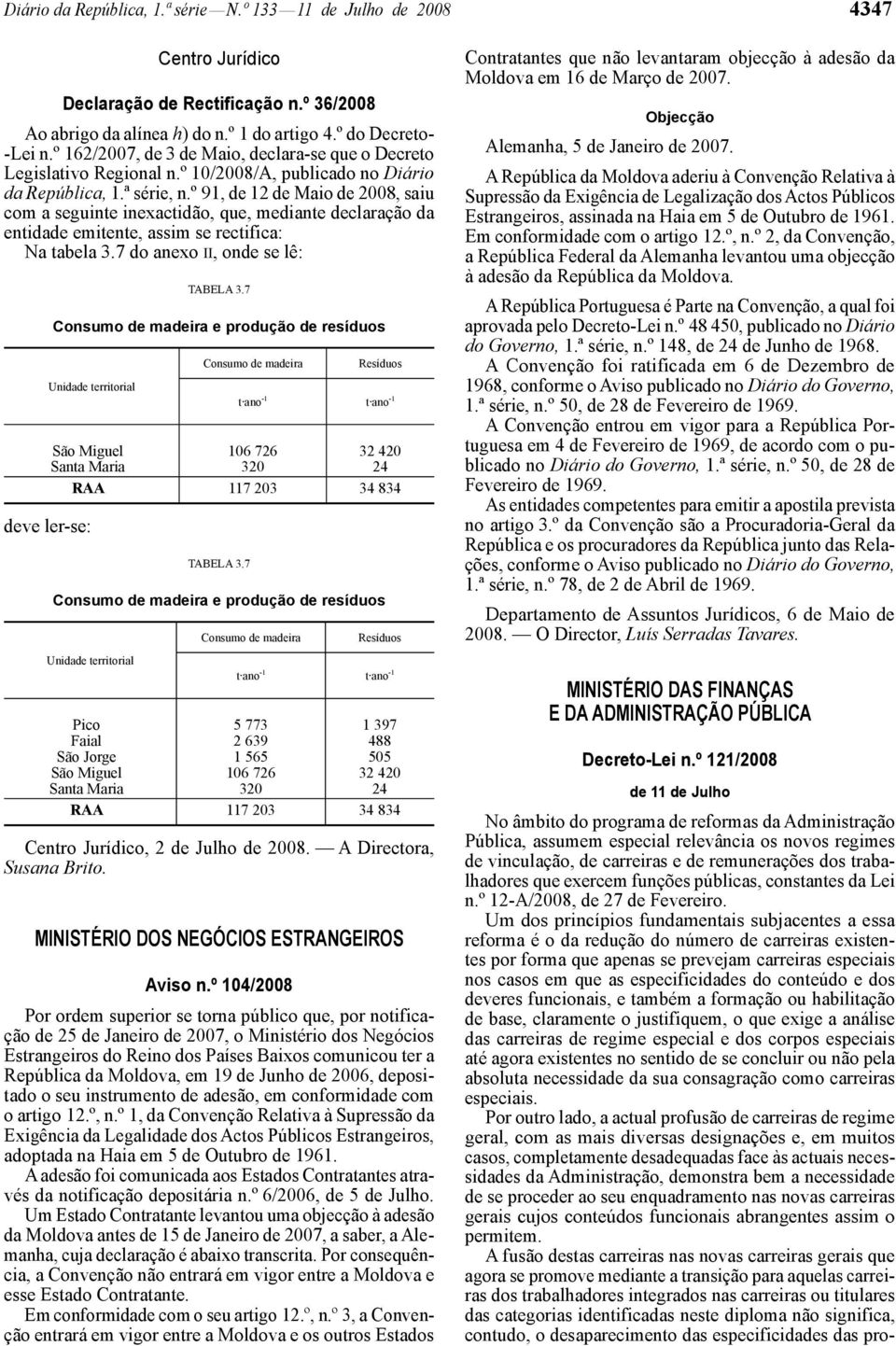 º 91, de 12 de Maio de 2008, saiu com a seguinte inexactidão, que, mediante declaração da entidade emitente, assim se rectifica: Na tabela 3.7 do anexo II, onde se lê: TABELA 3.