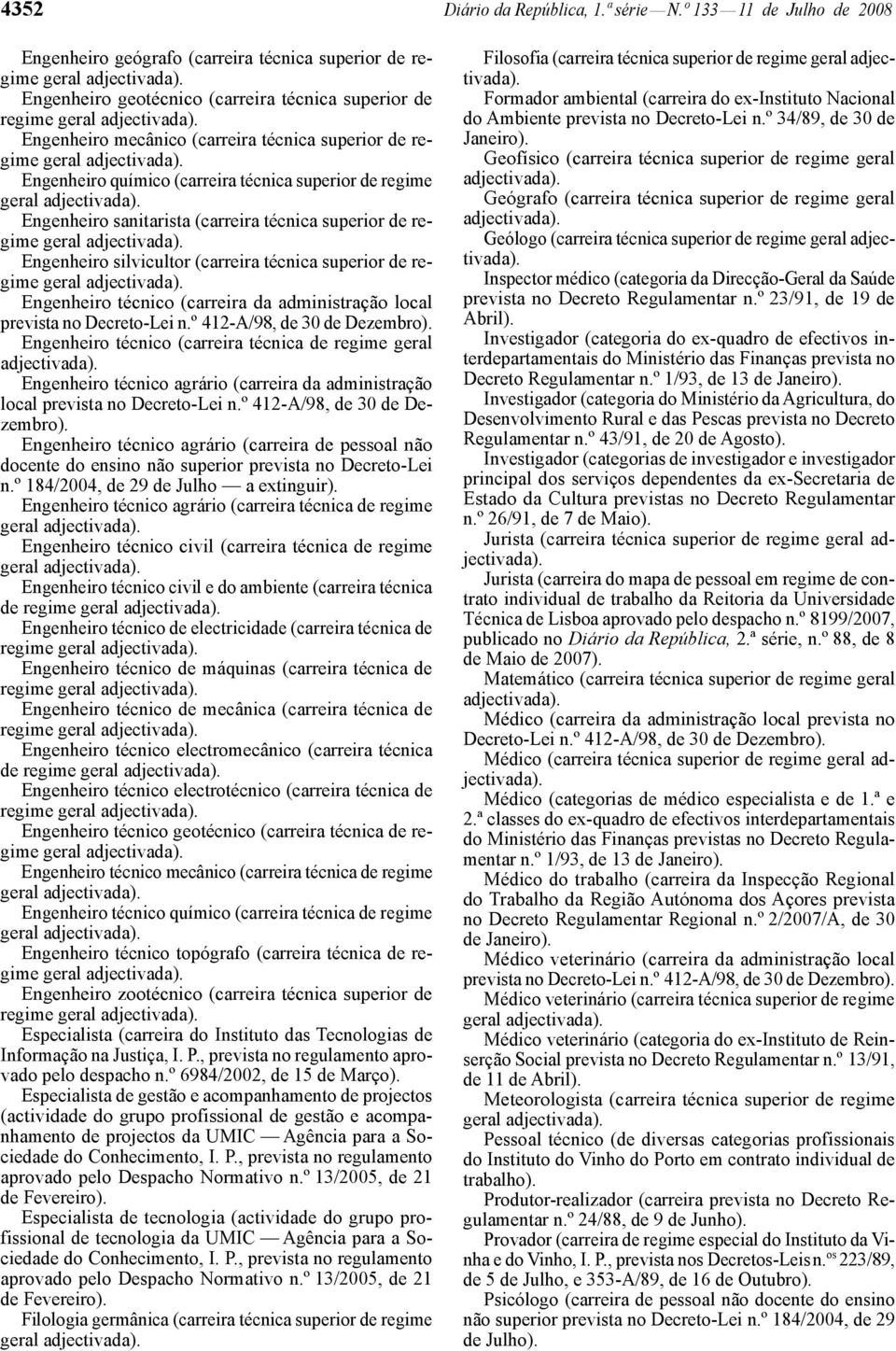 Engenheiro químico (carreira técnica superior de regime Engenheiro sanitarista (carreira técnica superior de regime Engenheiro silvicultor (carreira técnica superior de regime Engenheiro técnico