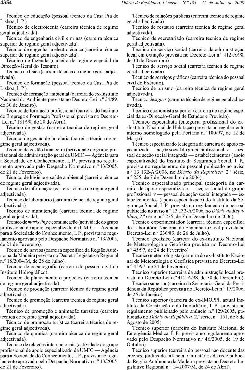 (carreira de regime especial da Direcção-Geral do Tesouro). Técnico de física (carreira técnica Técnico de formação (pessoal técnico da Casa Pia de Lisboa, I. P.). Técnico de formação ambiental (carreira do ex -Instituto Nacional do Ambiente prevista no Decreto -Lei n.