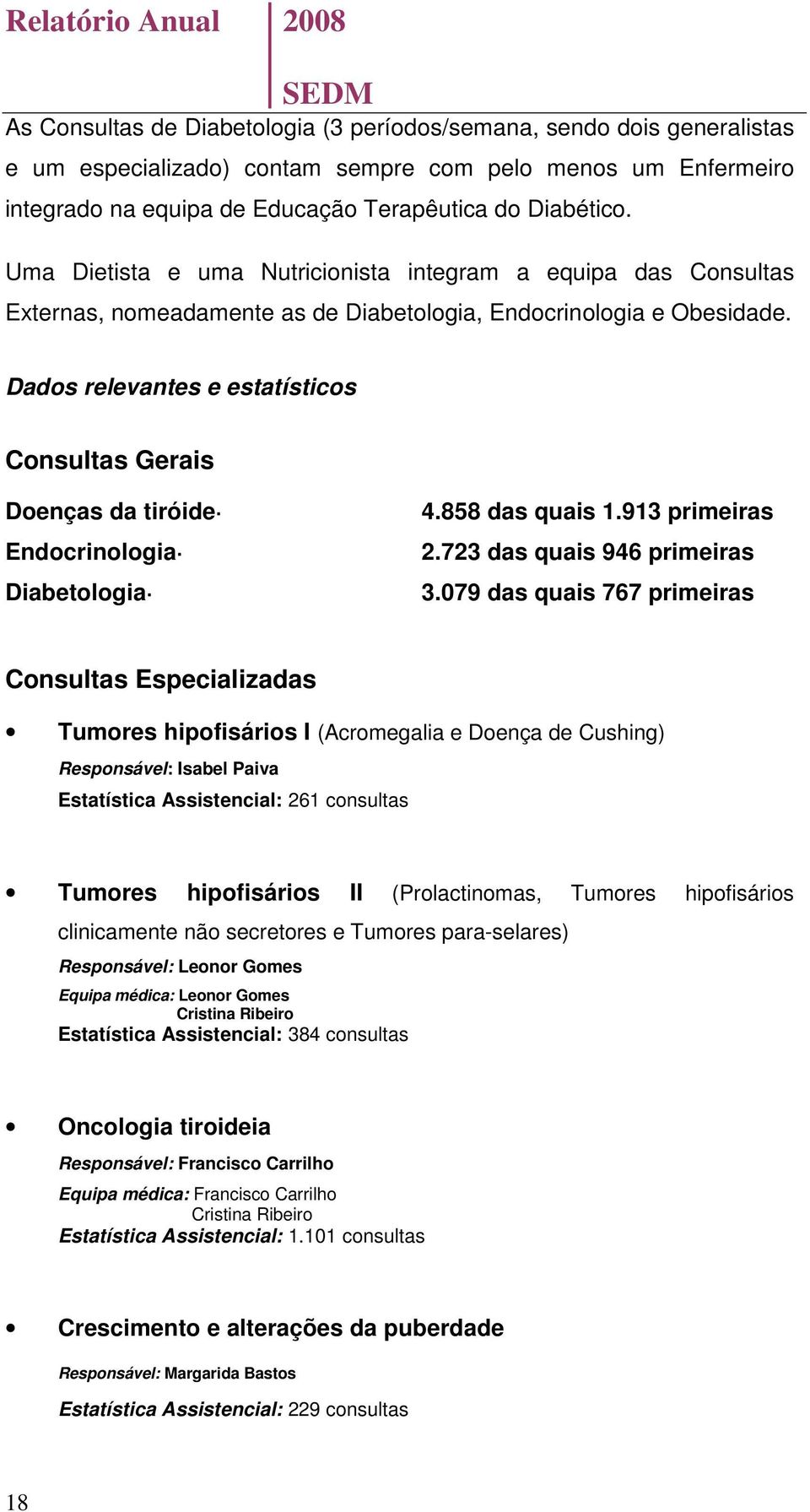 Dados relevantes e estatísticos Consultas Gerais Doenças da tiróide Endocrinologia Diabetologia 4.858 das quais 1.913 primeiras 2.723 das quais 946 primeiras 3.