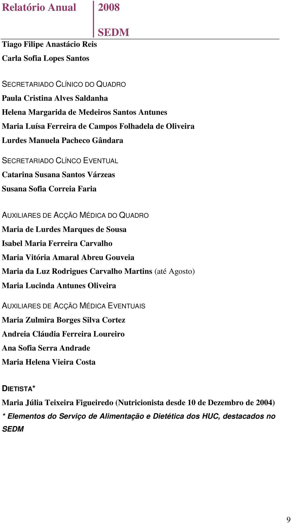 Marques de Sousa Isabel Maria Ferreira Carvalho Maria Vitória Amaral Abreu Gouveia Maria da Luz Rodrigues Carvalho Martins (até Agosto) Maria Lucinda Antunes Oliveira AUXILIARES DE ACÇÃO MÉDICA