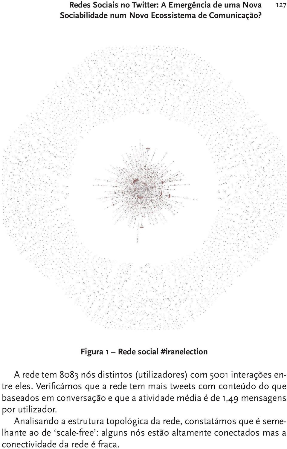 Verificámos que a rede tem mais tweets com conteúdo do que baseados em conversação e que a atividade média é de 1,49 mensagens por