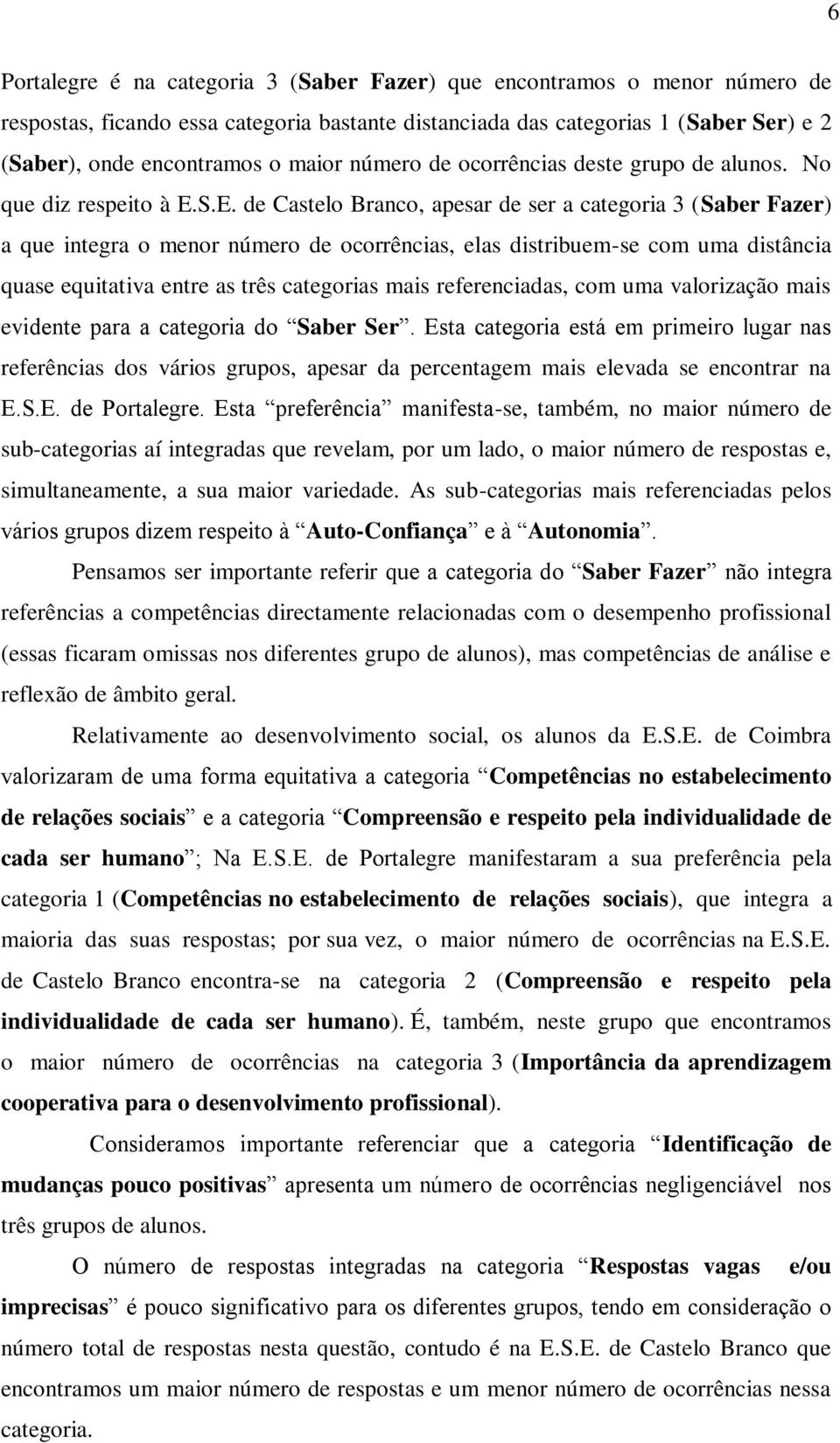 S.E. de Castelo Branco, apesar de ser a categoria 3 (Saber Fazer) a que integra o menor número de ocorrências, elas distribuem-se com uma distância quase equitativa entre as três categorias mais