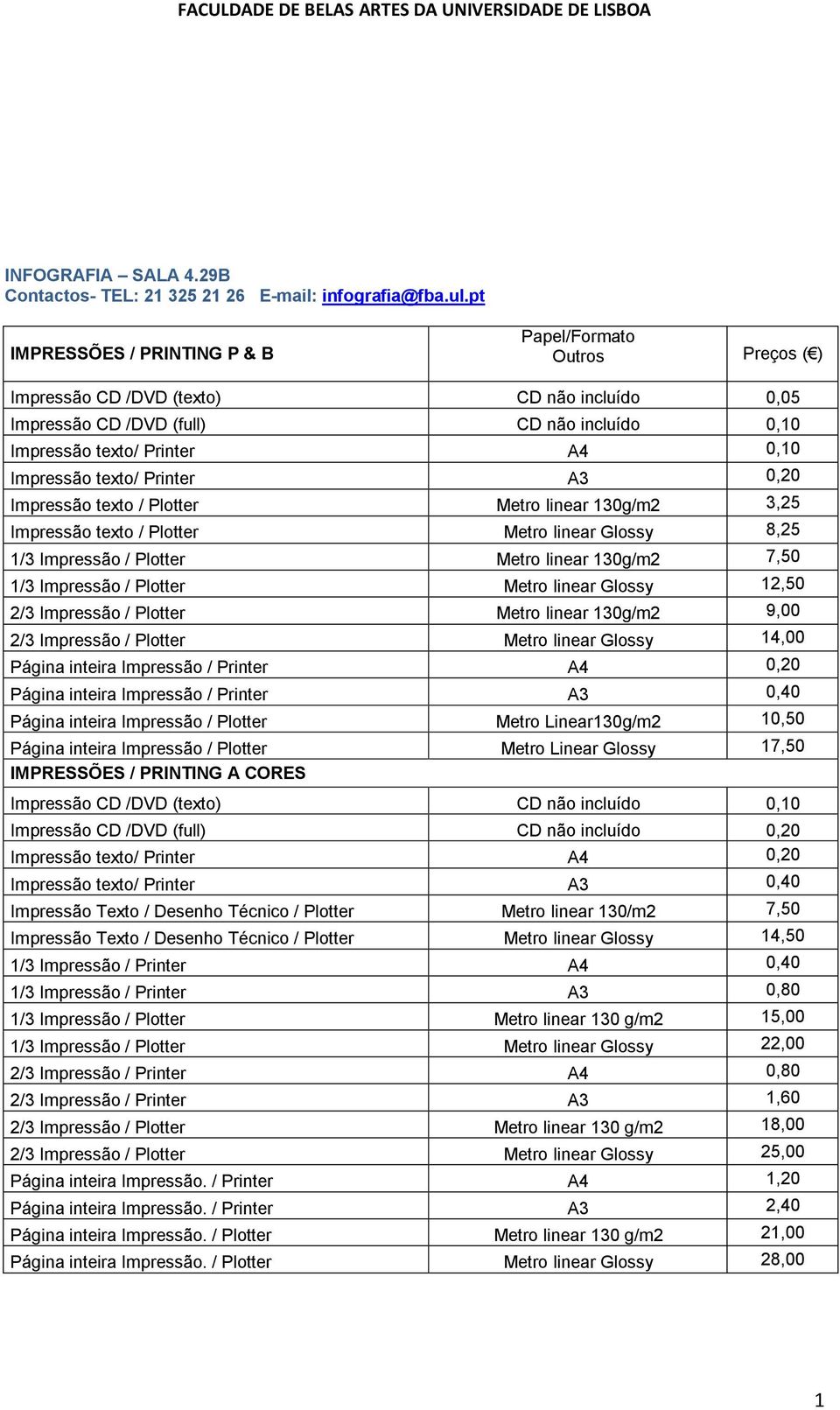 texto / Plotter Metro linear 130g/m2 3,25 Impressão texto / Plotter Metro linear Glossy 8,25 1/3 Impressão / Plotter Metro linear 130g/m2 7,50 1/3 Impressão / Plotter Metro linear Glossy 12,50 2/3