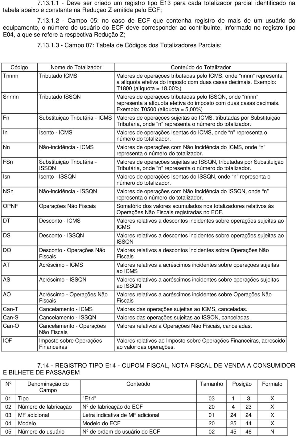 .1.3-07: Tabela de Códigos dos Totalizadores Parciais: Código Nome do Totalizador Conteúdo do Totalizador Tnnnn Tributado ICMS Valores de operações tributadas pelo ICMS, onde nnnn representa a