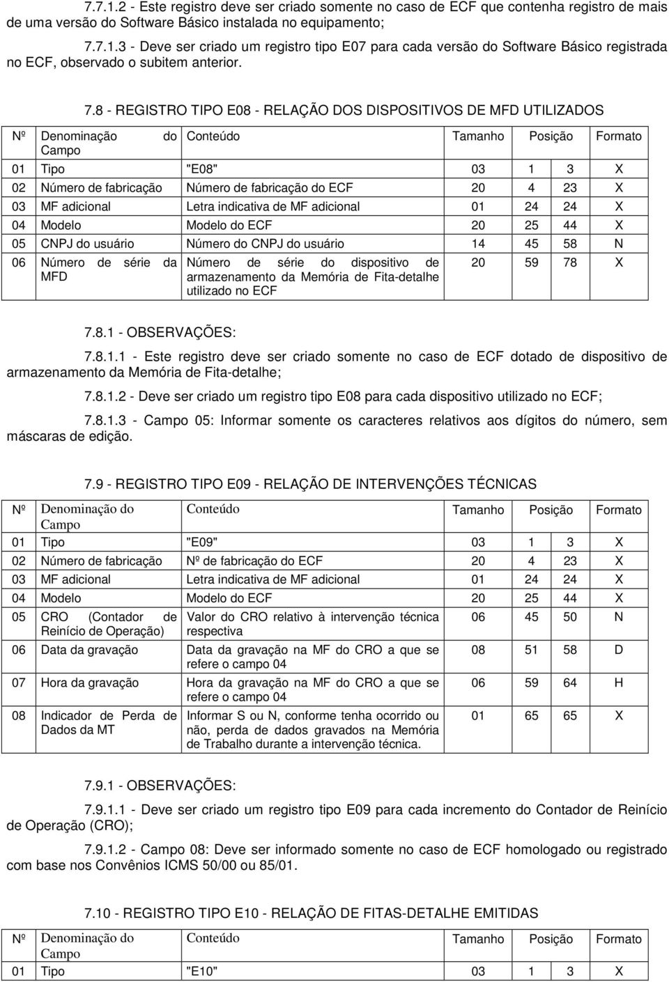 23 X 05 CNPJ do usuário Número do CNPJ do usuário 14 45 58 N 06 Número de série da MFD Número de série do dispositivo de armazenamento da Memória de Fita-detalhe utilizado no ECF 20 59 78 X 7.8.1 - OBSERVÇÕES: 7.