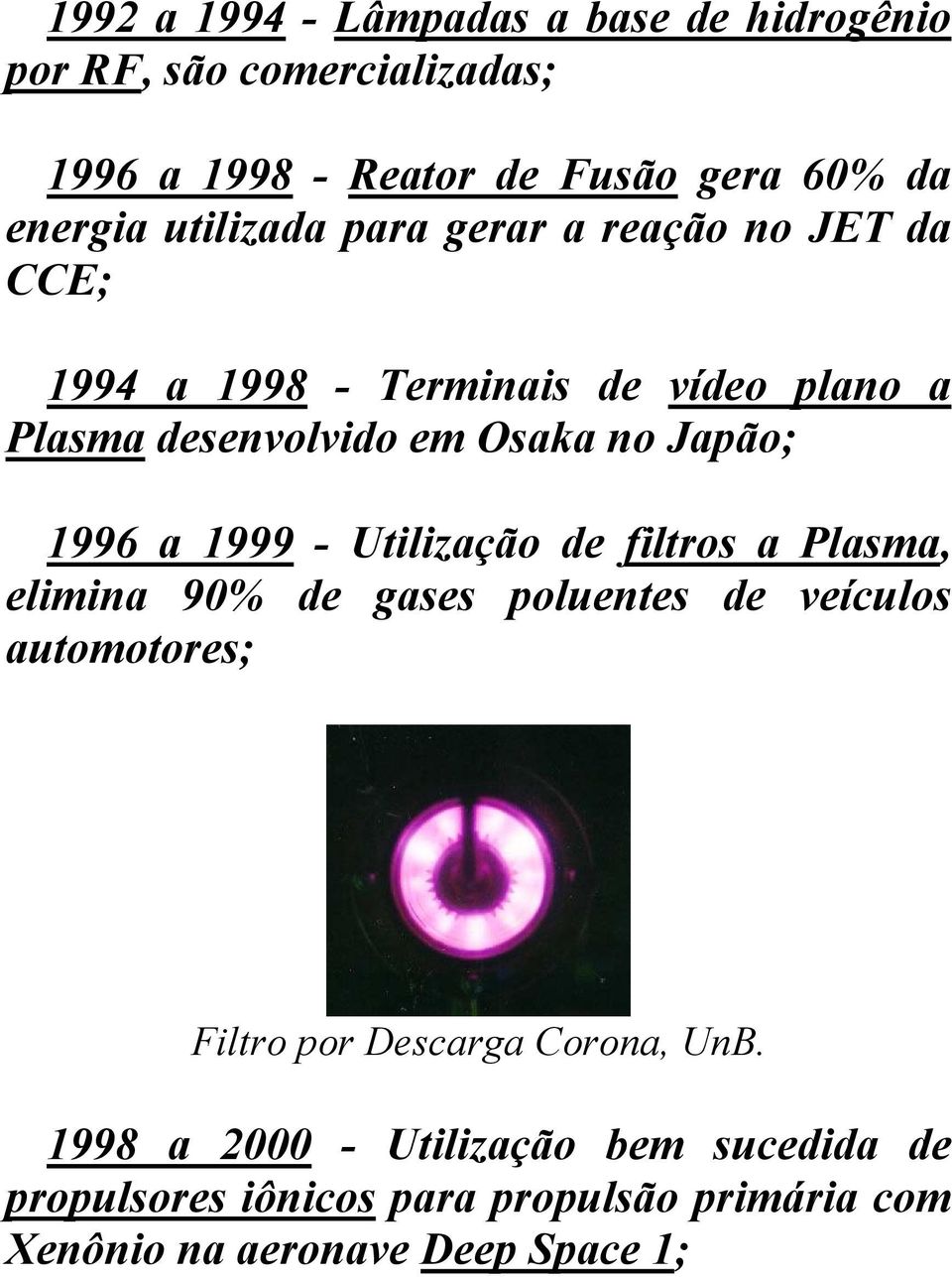 1996 a 1999 - Utilização de filtros a Plasma, elimina 90% de gases poluentes de veículos automotores; Filtro por Descarga