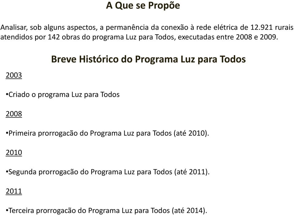 2003 Breve Histórico do Programa Luz para Todos Criado o programa Luz para Todos 2008 Primeira prorrogacão do